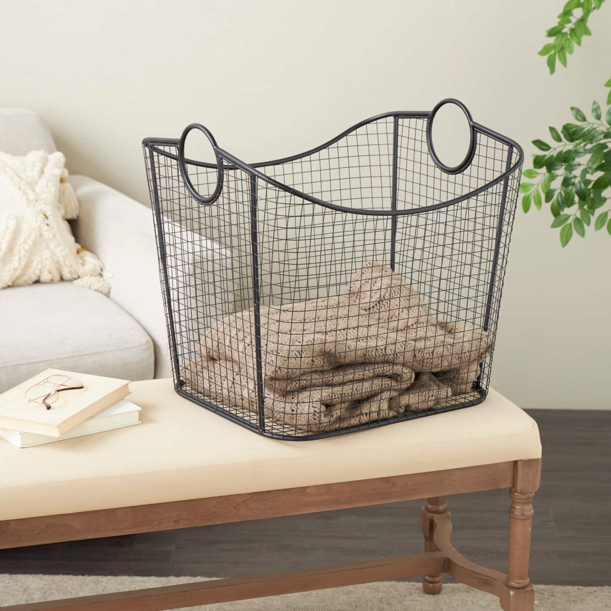 20" Black Metal Storage Basket with Curved Sides & Ring Handles